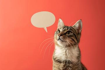 Portrait of cute cat holding up empty speech bubble for text in studio background. - obrazy, fototapety, plakaty