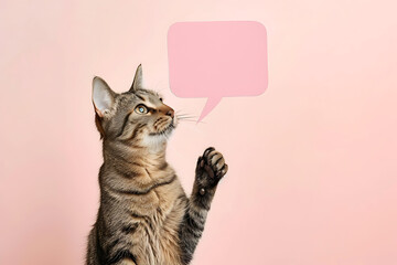 Portrait of cute cat holding up empty speech bubble for text in studio background.