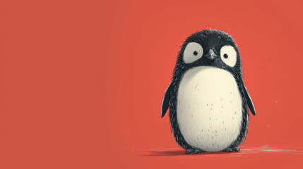  a black and white penguin standing in front of a red background with a black and white penguin on it's back legs, with eyes wide open, and eyes wide open.