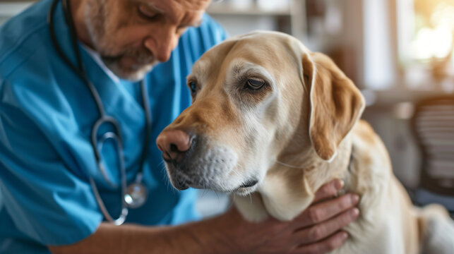 A veterinarian gently examining a dog in a clinic.