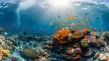 Fototapeta na wymiar A vibrant coral reef bustling with colorful fish and marine life.