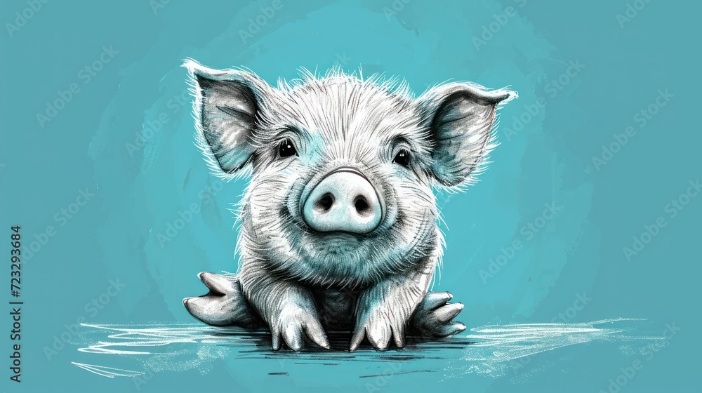 Poster a drawing of a pig sitting in a pool of water with its head resting on the edge of the pig's body as