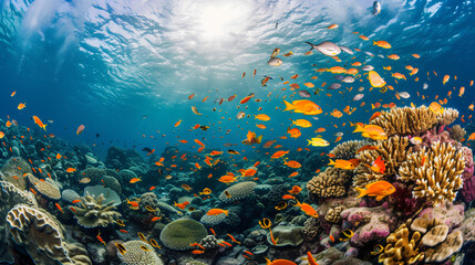 Fototapeta na wymiar A vibrant coral reef bustling with colorful fish and marine life.