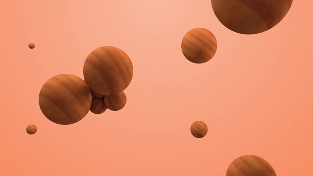 wooden spheres on peach fuzz background. Abstract geometric shapes 3D render.