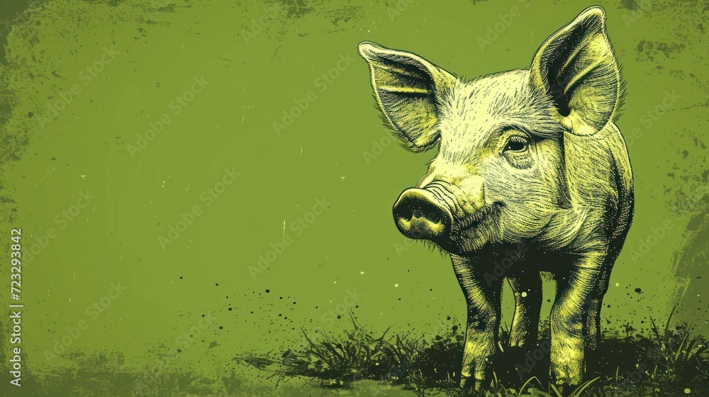 Poster a drawing of a pig standing on top of a patch of grass in front of a green background with a small p
