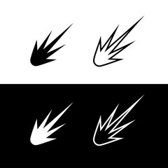 Set of explosion, spark or comet icons. Fire from a rocket engine or a meteorite falling. A trail of fire in the sky. Explosion of a shell or bomb.