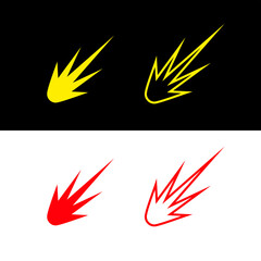 Set of explosion, spark or comet icons. Fire from a rocket engine or a meteorite falling. A trail of fire in the sky. Explosion of a shell or bomb.