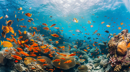 Fototapeta na wymiar A vibrant coral reef underwater bustling with colorful fish and marine life.