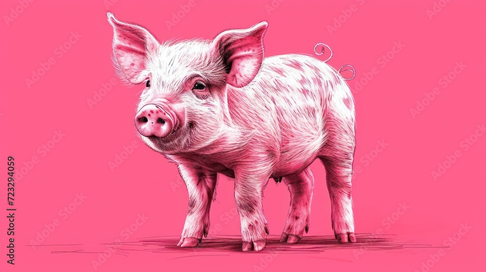 Poster a pig standing on a pink background with the word pig on it's back and the word pig on the front of 