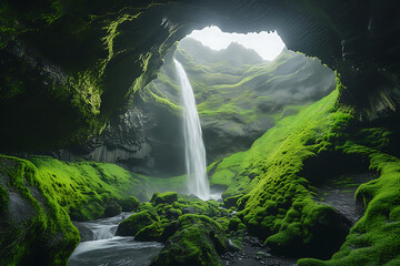 Waterfall in the cave with green moss.