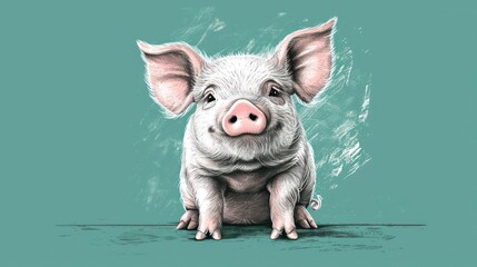  a drawing of a pig sitting on the ground with its head turned to look like he's looking at the camera with a sad look on his face and a green background. - obrazy, fototapety, plakaty
