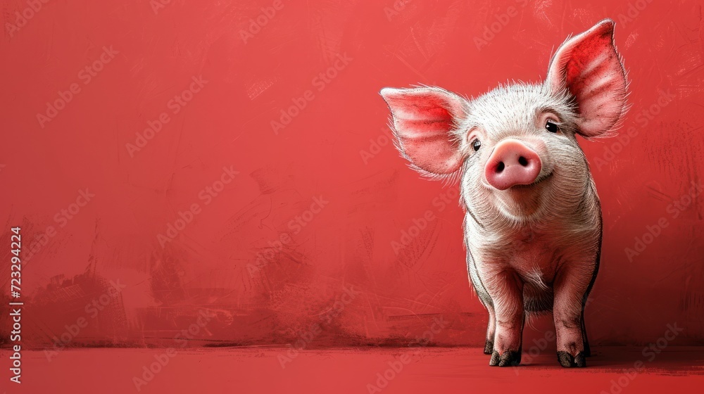 Aufkleber  a small pig is standing in front of a red wall and looking up at the camera with a surprised look on its face, with a red background of a red wall.