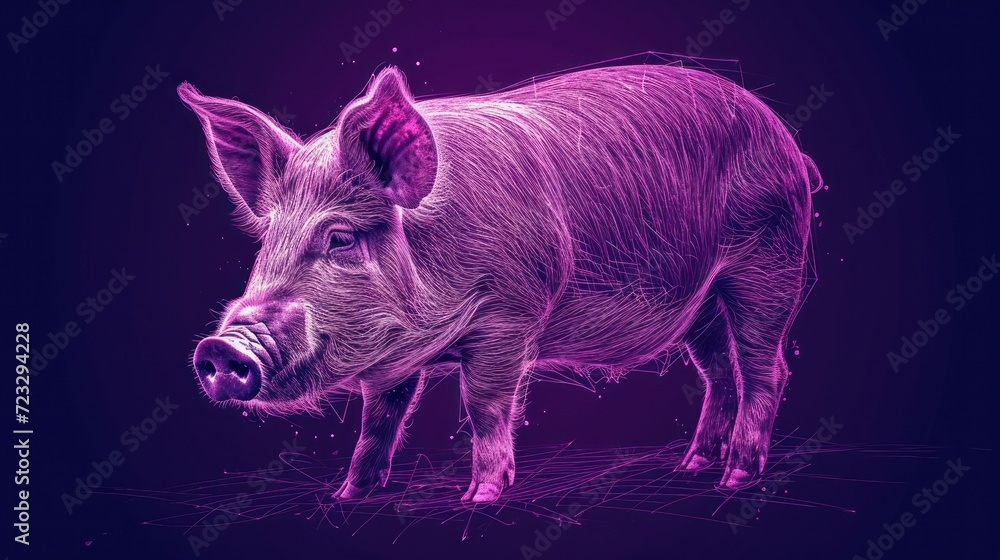 Poster a drawing of a pig on a dark purple background with lines in the foreground and lines in the middle 