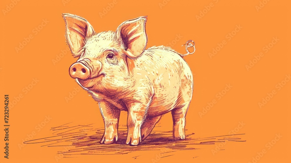 Poster a drawing of a pig on an orange background with a small bird on the back of the pig's head and a sma