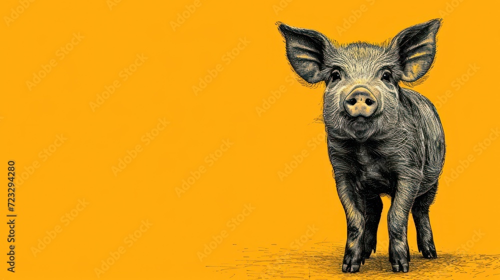 Aufkleber a drawing of a pig standing in front of a yellow background with a black and white picture of a pig 