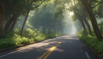 Fototapeta premium Whispers of Adventure Endless road through a rainforest, whispering tales of faraway lands and untold stories 