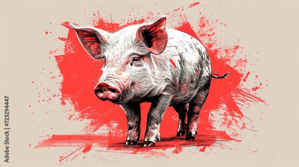 Poster a drawing of a pig standing in front of a red paint splattered background with a black outline on th