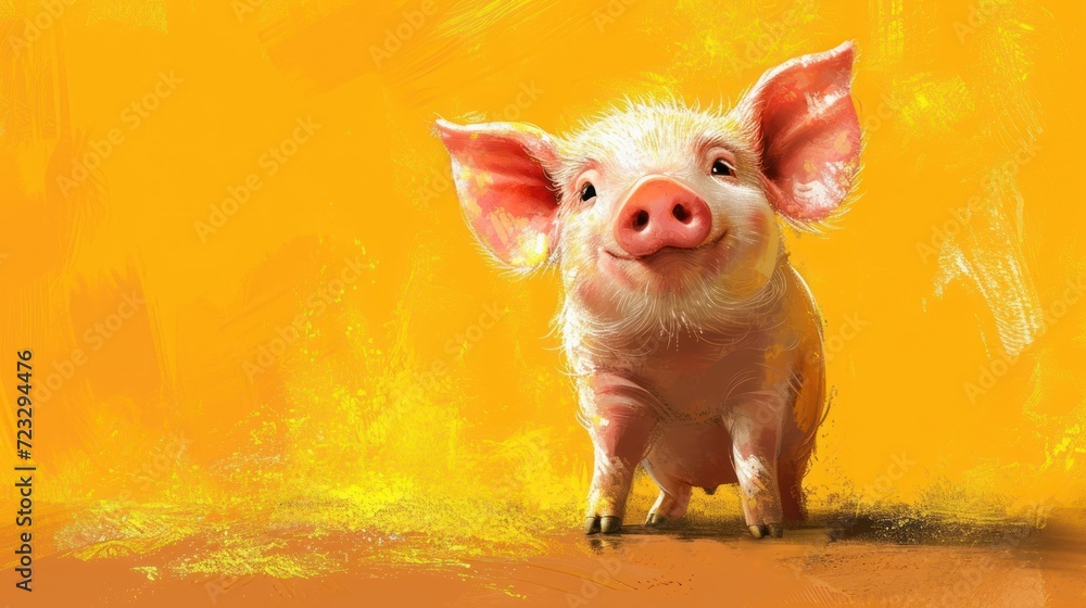 Poster a painting of a pig standing in front of a yellow background with a red spot in the middle of the pi