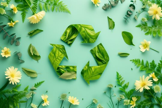 Garbage recycling sign consisting of leaves and plastic, the concept of recycling organic and inorganic wastes