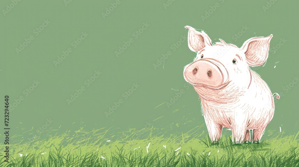 Poster a drawing of a pig standing in a field of grass with a blue sky in the background and green grass in