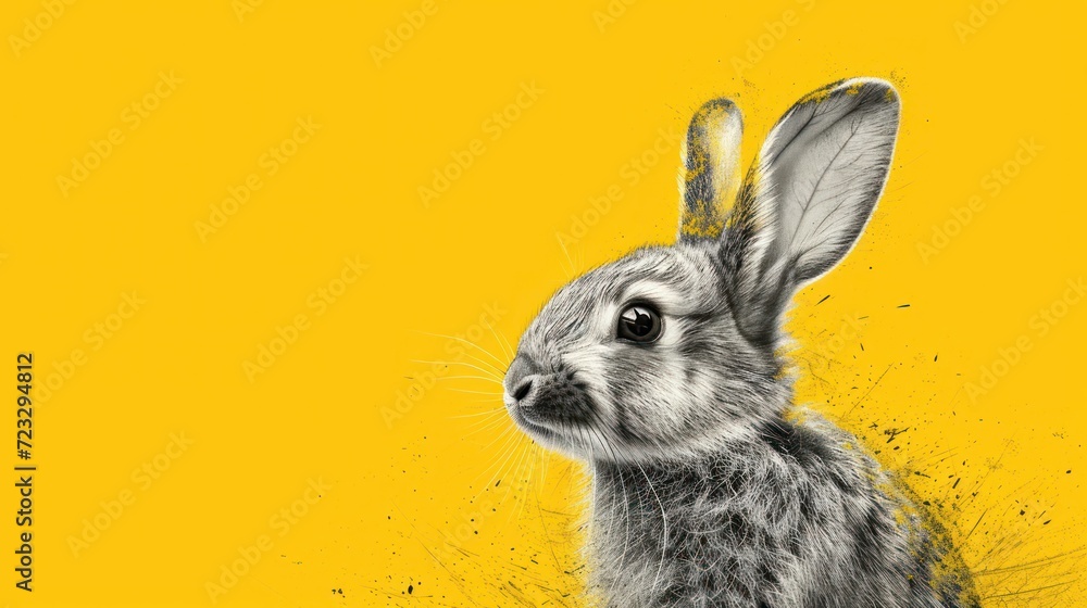 Aufkleber a close up of a rabbit's face on a yellow background with a black and white image of a rabbit's head