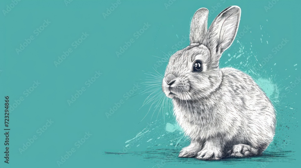 Poster a drawing of a rabbit on a teal background with a splash of water coming out of it's eyes and the ra