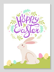 Happy Easter poster with hand drawn rabbit and floral wreath. Modern minimal style. Greeting Card.
