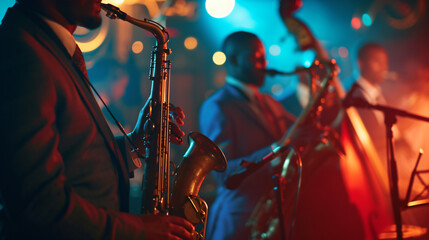 A vibrant jazz band performing in a dimly lit club with saxophones trumpets and a double bass.