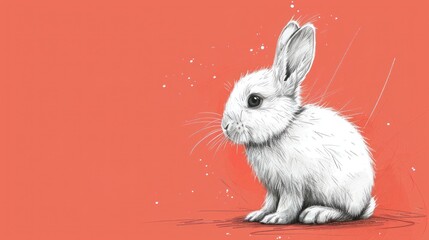  a black and white drawing of a rabbit on a red background with snow flakes on it's head and a black and white drawing of a white rabbit on the side of a red background.