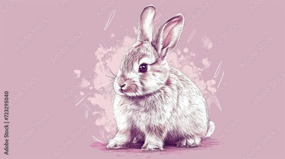 Poster a drawing of a rabbit sitting in front of a pink background with a splash of paint on the side of th