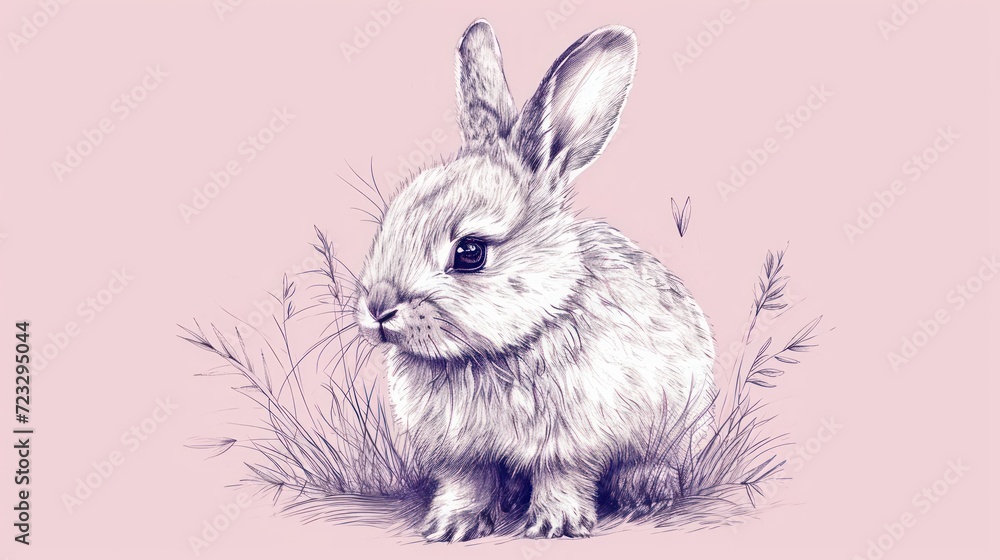 Poster a black and white drawing of a rabbit sitting in a field of tall grass on a pink background with the