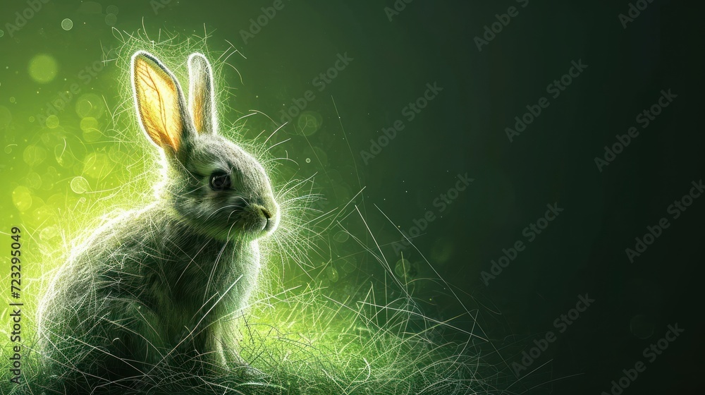 Poster a digital painting of a bunny rabbit sitting in a field of grass and looking at the camera with a gr