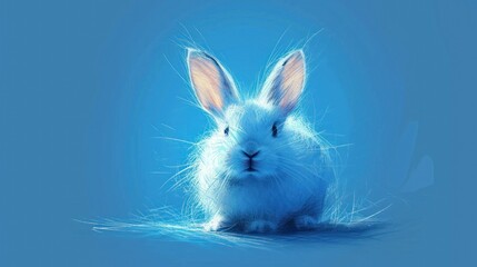  a painting of a white rabbit sitting on a blue surface with its eyes closed and it's head turned to the side, with its eyes closed and ears slightly to the side.