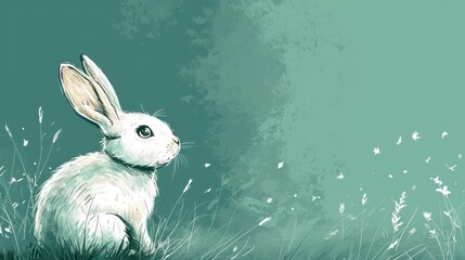 a painting of a white rabbit sitting in a field of grass with dandelions in the foreground and a blue sky with white clouds in the back ground.