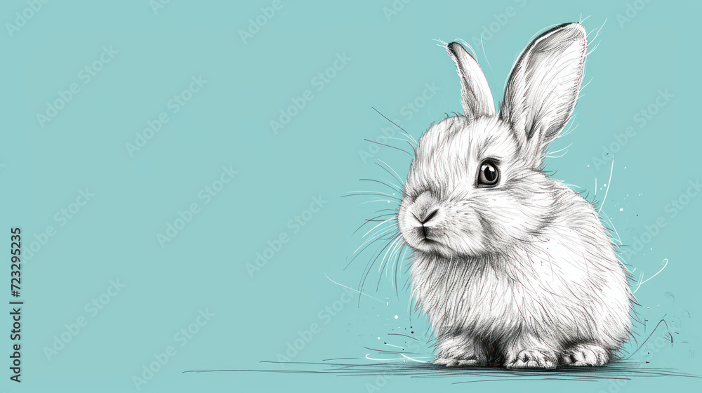 Aufkleber a black and white drawing of a rabbit on a teal background, with the head of a rabbit in the center 
