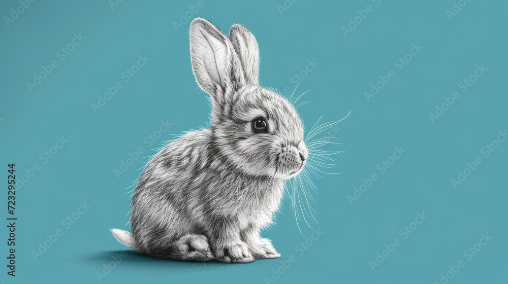 Poster a black and white photo of a rabbit on a teal background with a shadow of the rabbit on the left sid