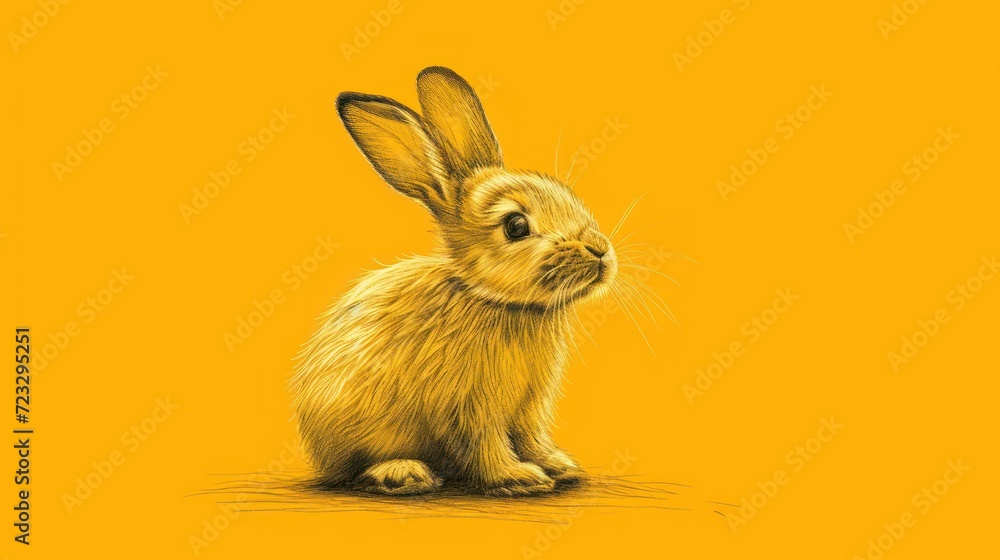Poster a drawing of a rabbit sitting in front of a yellow background with a black outline of a rabbit's hea