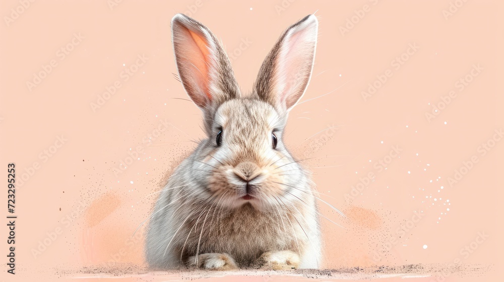 Poster a close up of a rabbit's face on a pink background with a white spot in the middle of the image and 