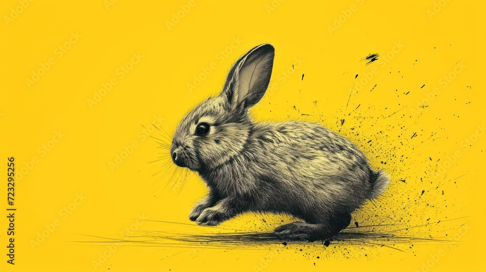 Poster a black and white drawing of a rabbit on a yellow background with a black and white drawing of a rab