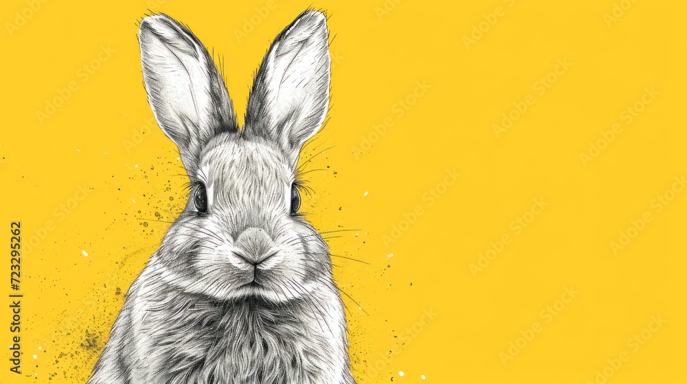 Aufkleber a black and white drawing of a rabbit's head on a yellow background with a splash of paint on the bo