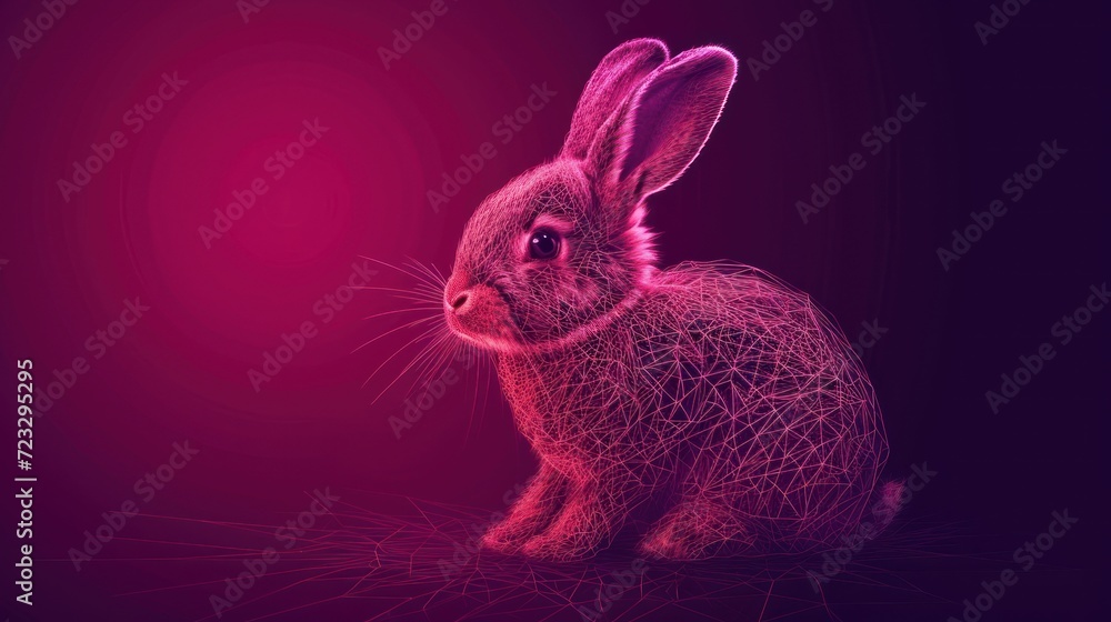 Poster a pink rabbit sitting in the middle of a dark room with a red light shining on it's back and a pink 