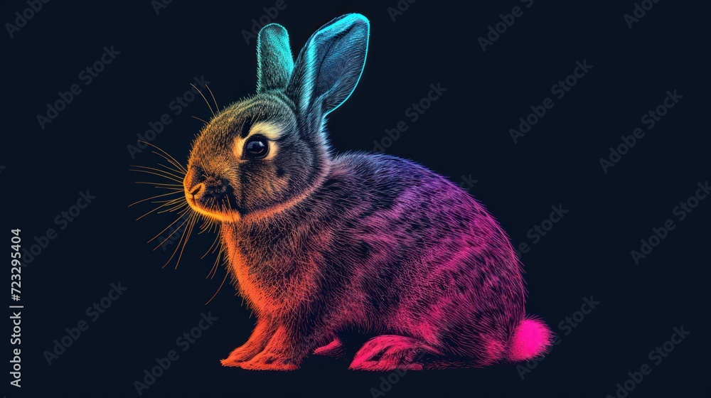 Aufkleber a drawing of a rabbit sitting in the dark with a neon light on it's face and a black background with