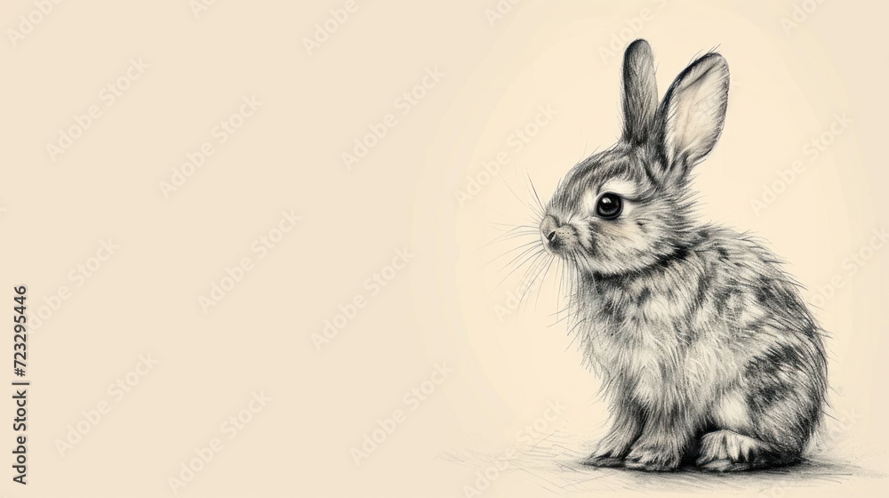 Poster a black and white drawing of a rabbit sitting in front of a light colored background with a shadow o