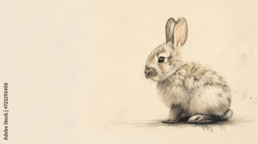 Poster a drawing of a rabbit sitting in front of a white wall with a shadow of it's head on the side of the