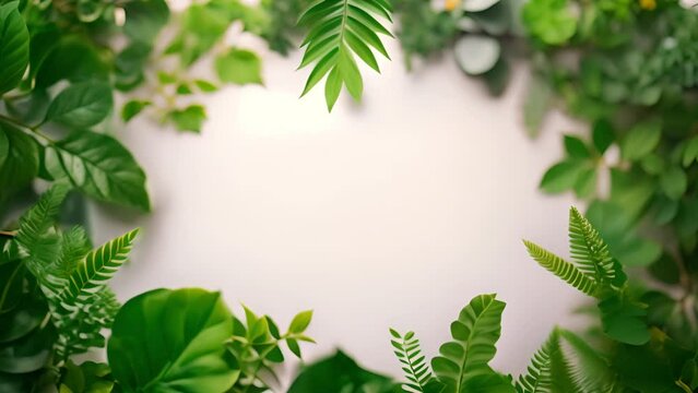 Green tropical leaves frame on white background for text or logo. Jungle green plants on white screen. Stylish nature moving beauty