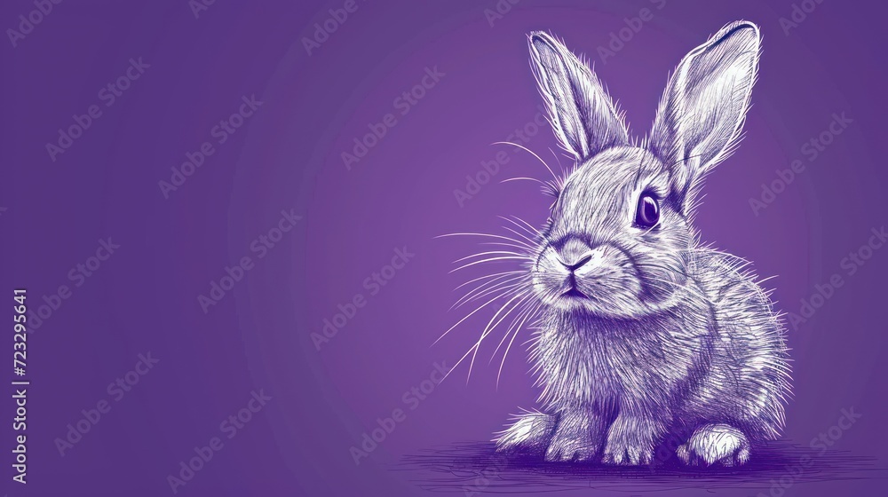 Poster a drawing of a rabbit sitting in front of a purple background with a black outline of a rabbit on it