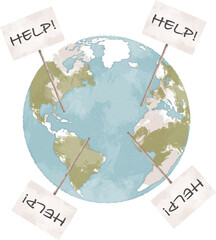  Planet Earth with help sign hand drawn illustration. Climate change concept.  - 723295611