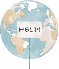 Planet Earth with help sign hand drawn illustration. Climate change concept. Global warming art. - 723295616