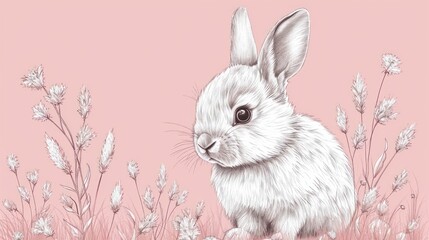 a drawing of a white rabbit sitting in a field of flowers on a pink background with grass and flowers in the foreground and a pink sky in the background.