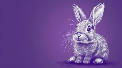  a drawing of a rabbit sitting in front of a purple background with a black outline of a rabbit on it's left side, and the other side of the rabbit's head.